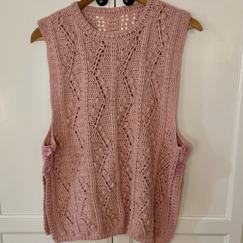 Hand Knit Crochet Sleeveless Pull-over Sweater Vest in Pink